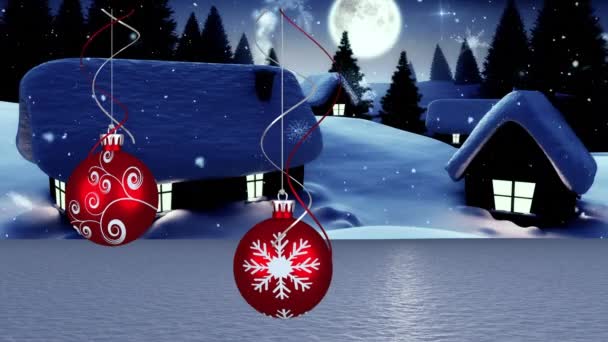 Neve Cadere Sopra Natale Bauble Appendere Decorazioni Contro Paesaggio Invernale — Video Stock