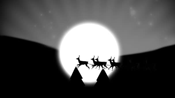 雪橇上的圣爪动画 白雪覆盖着灰色背景的驯鹿 圣诞节 传统和庆祝概念数字制作的视频 — 图库视频影像