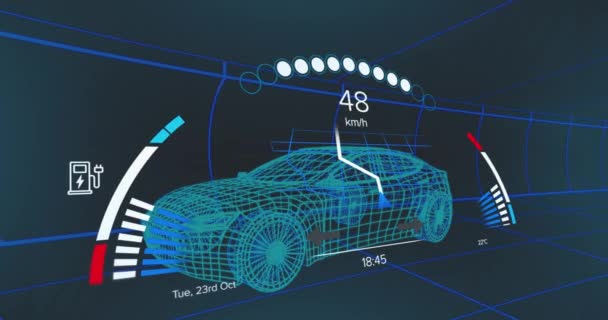 Animacja Interfejsu Ikoną Ładowania Baterii Prędkościomierzem Nad Samochodem Koncepcja Cyfrowego — Wideo stockowe
