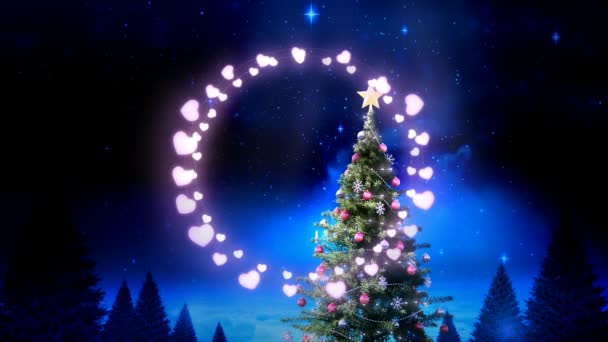 Corazón Rosa Forma Luces Hadas Contra Árbol Navidad Estrellas Brillantes — Vídeo de stock