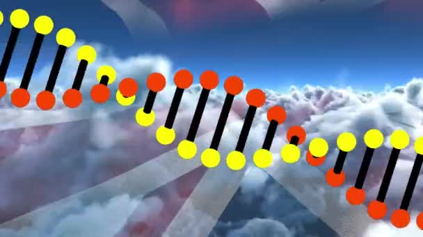 Animation Dna Strand Rotating Flag Cloudy Sky Medical Research Communication — Stock Video