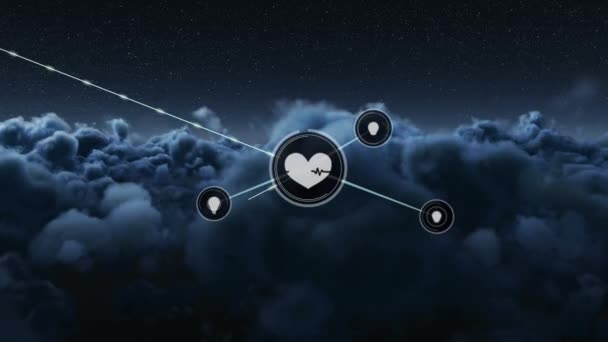 Animazione Rete Connessioni Icone Con Cuori Sopra Nuvole Connessioni Globali — Video Stock