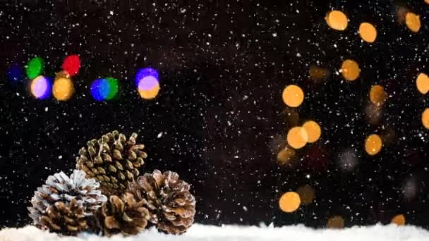 Animação Neve Caindo Sobre Cones Pinho Decoração Natal Natal Inverno — Vídeo de Stock