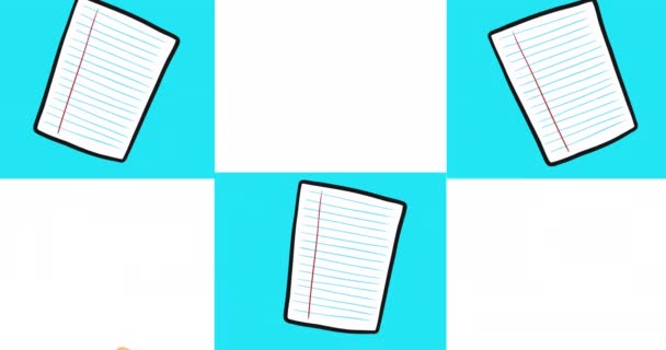Animación Rectángulos Azules Con Lápices Cuadernos Moviéndose Sobre Fondo Blanco — Vídeos de Stock