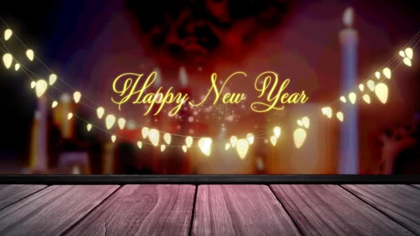 Animación Luces Hadas Feliz Año Nuevo Texto Sobre Tablas Madera — Vídeo de stock