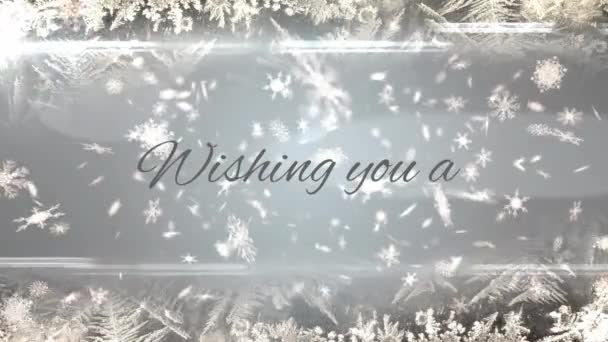 Animación Felicitaciones Navideñas Sobre Nieve Cayendo Sobre Fondo Gris Navidad — Vídeos de Stock