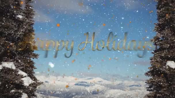 Animation Happy Holidays Text Snow Falling Winter Landscape Christmas Tradition — Stock Video