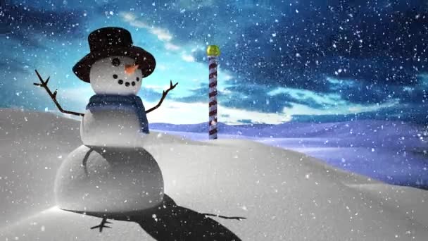 Animation Bonhomme Neige Neige Tombant Sur Paysage Enneigé Noël Hiver — Video