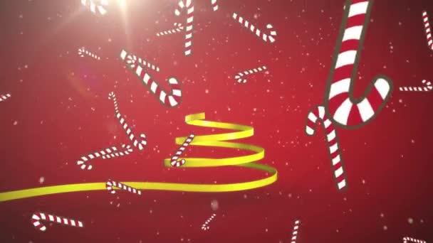 Animación Árbol Navidad Formado Con Cinta Amarilla Bastones Caramelo Cayendo — Vídeo de stock