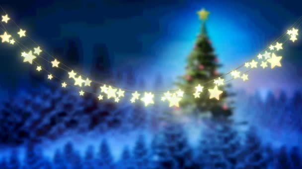 Animacja Świecących Świateł Bajki Nad Choinką Krajobrazem Zimowym Boże Narodzenie — Wideo stockowe