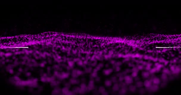 Фиолетовый Световой След Взрывается Над Фиолетовой Цифровой Волной Движущейся Черном — стоковое видео