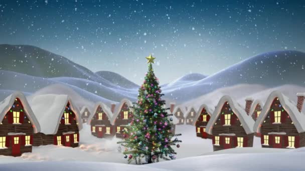 Animation Von Schnee Der Über Häuser Und Weihnachtsbaum Winterlicher Landschaft — Stockvideo