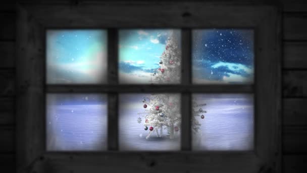 Wooden Window Frame Snow Falling Christmas Tree Winter Landscape Christmas — Stock Video