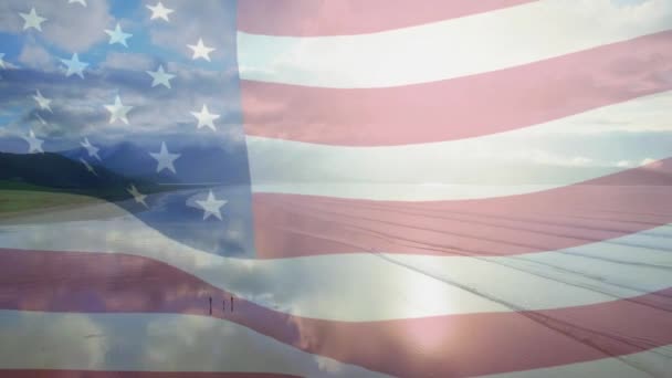 Animacja Flagi Usa Wieje Nad Krajobrazem Plaży Podróże Wakacje Patriotyzm — Wideo stockowe