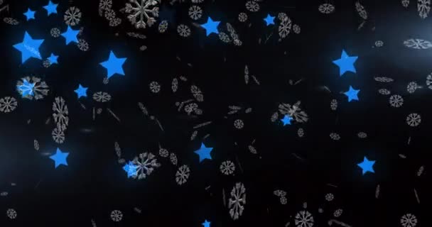 Animación Nieve Cayendo Sobre Estrellas Azules Brillantes Navidad Invierno Tradición — Vídeo de stock