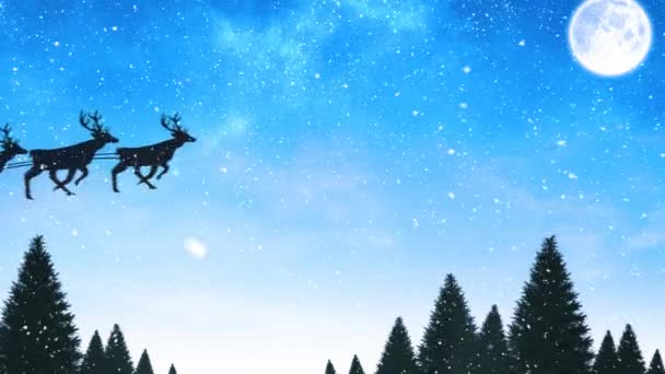 Silhouette Santa Claus Sleigh Being Pulled Reindeers Snow Falling Winter — Stock Video