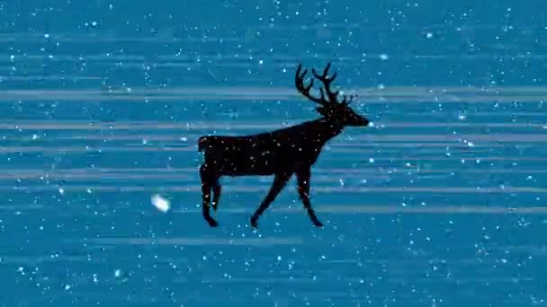トナカイや雪のアニメーションが青の背景に落ちます クリスマス 伝統とお祝いのコンセプトデジタルで生成されたビデオ — ストック動画