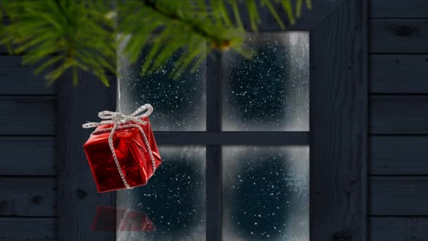 Animation Snow Falling Christmas Present Window Christmas Winter Tradition Celebration — Stock Video