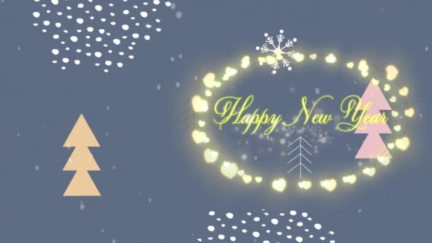 Gelukkig Nieuwjaar Tekst Sprookjes Lichten Sneeuw Vallen Kerstboom Pictogrammen Abstracte — Stockvideo