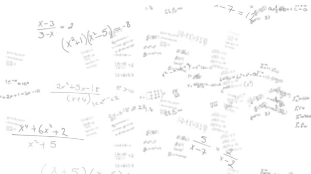 Κινούμενα Σχέδια Λευκών Κηλίδων Πάνω Από Μαθηματικές Εξισώσεις Λευκό Φόντο — Αρχείο Βίντεο