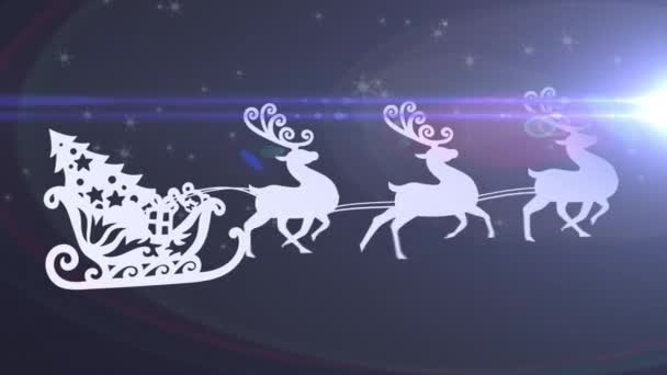 Animation Santa Claus Sleigh Reindeer Moving Snow Falling Blue Background — Stock Video