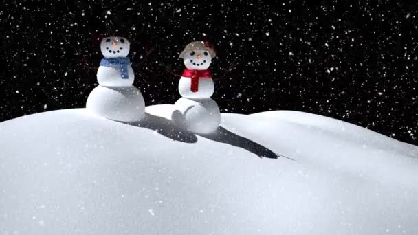 雪落在雪人和雪人之上 在冬季的风景上 背景是黑色的 圣诞节的庆祝和庆祝概念 — 图库视频影像