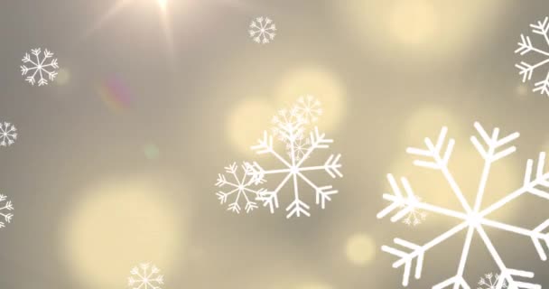 Digitale Animation Von Schneeflocken Die Gegen Lichtpunkte Auf Gelbem Hintergrund — Stockvideo