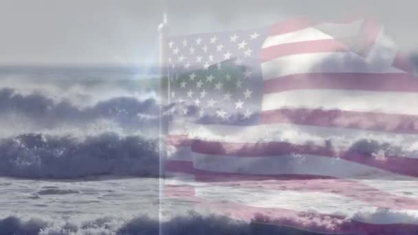 Анимация Флага Сша Дующего Над Волной Море Путешествия Праздники Патриотизм — стоковое видео