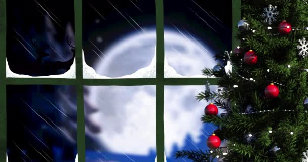 Animatie Van Kerstman Slee Met Rendieren Gezien Door Raam Kerstboom — Stockvideo