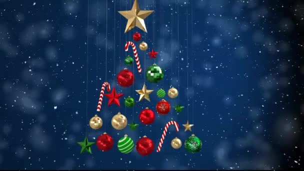 Animação Neve Caindo Sobre Árvore Natal Com Decorações Natal Tradição — Vídeo de Stock