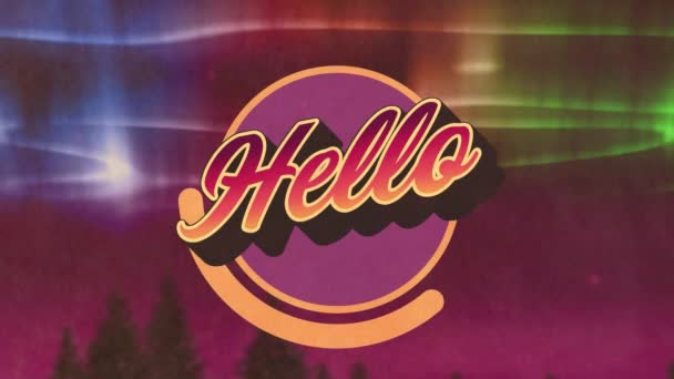 Animation Hello Text Cloudy Night Sky Northern Lights Background Social — Stock Video
