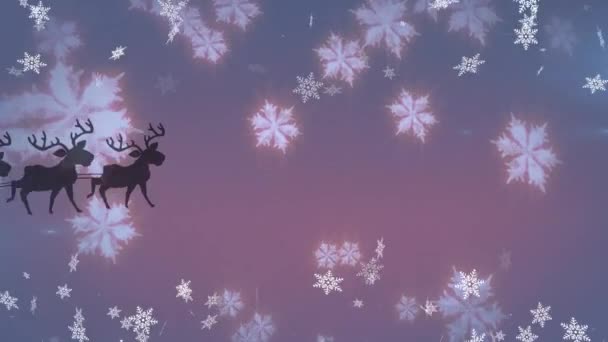 Анімація Санта Клауса Санчатах Оленями Рухаються Над Падаючим Снігом Різдво — стокове відео