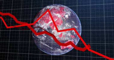 Mavi arkaplanda kırmızı azalan diyagram ve dönen küre görüntüsü. Dijital çevrimiçi güvenlik arayüzü kavramı dijital olarak oluşturuldu.
