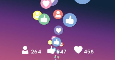 Mor bir arkaplan üzerinde artan sayıların üzerinde kalp ve takip simgeleri gibi hareket eden dijital görüntü 4k