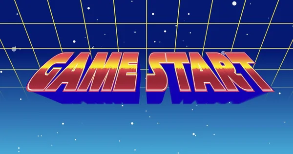 ゲームのデジタル画像背景に緑色の四角形の輪郭が上に移動し 銀河が表示されながら 画面にズーム開始記号 — ストック写真