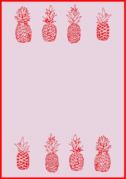 赤い枠で灰色の背景に赤いパイナップルの2列の構成 パーティー招待テンプレートのコンセプトをコピースペースでデジタル生成された画像 — ストック写真