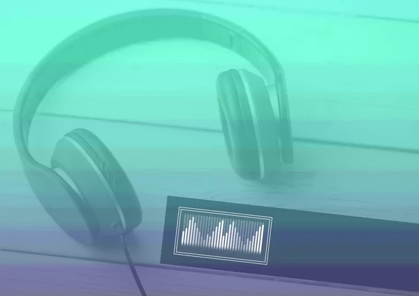 Composition Headphones Frequency Meter Green Purple Streaked Background Music Communication — Stock Photo, Image