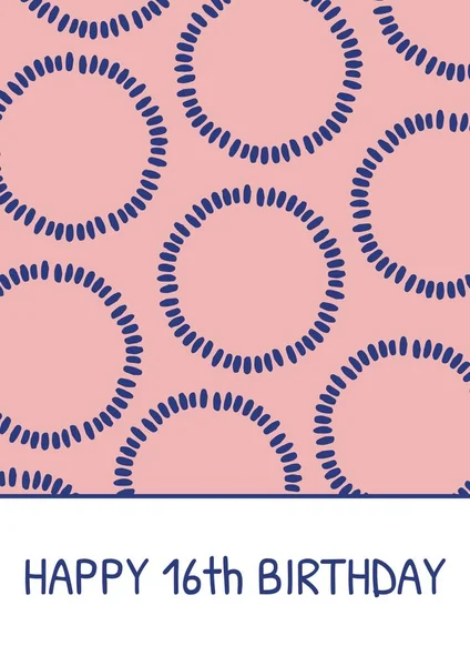 Skład Szczęśliwego Urodziny Tekst Niebieskie Kółka Linii Różowym Tle Szesnaste — Zdjęcie stockowe