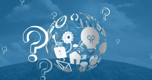 Fragezeichen Digitale Symbole Und Globus Auf Blauem Hintergrund Globale Verbindungen — Stockfoto
