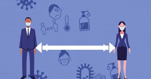 Изображение Людей Масках Лица Социальное Дистанцирование Иконами Коронавируса Плавающими Клетками — стоковое фото