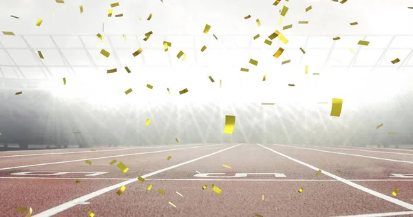 Imagem Digital Confete Dourado Caindo Contra Estádio Esportes Fundo Esportes — Fotografia de Stock