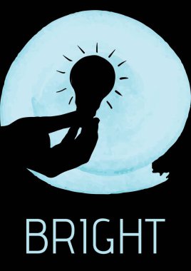 Siyah arkaplana karşı mavi afişin üzerinde bir ampul tutan parlak metin. yaratıcı iş fikri arka plan şablon resimleme kavramı