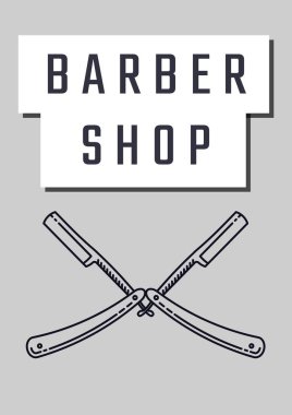 Berber dükkanının mesaj pankartı. Gri arka planda iki düz jilet simgesi var. berber dükkanı ve kuaför salonu arka plan şablon çizim konsepti