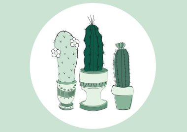 Yeşil arka planda yuvarlak beyaz afiş üzerine kaktüs bitki simgelerinin dijital olarak oluşturulmuş görüntüsü. Botanik ve bahçıvanlık arka plan şablonu çizim kavramı