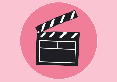 Pembe arka planda, yuvarlak panoda, klaket simgesinin dijital olarak oluşturulmuş görüntüsü. Sinema ve tiyatro arka plan resimleme kavramı