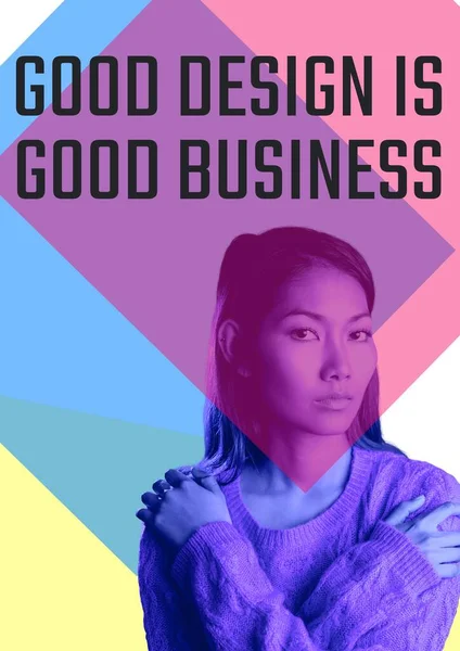 良いデザインは カラフルな背景に対するアジアの女性の肖像画に対する良いビジネステキストです 創造的なビジネス背景テンプレートイラストコンセプト — ストック写真
