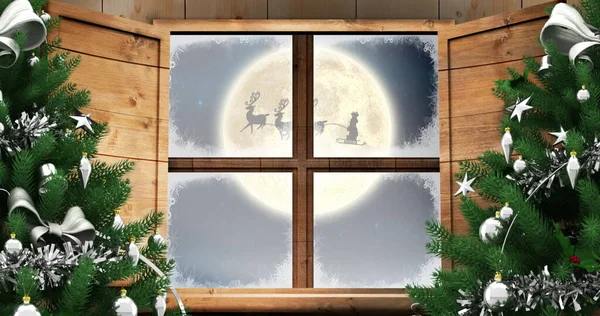 Immagine Digitale Due Albero Natale Finestra Legno Cornice Contro Silhouette — Foto Stock