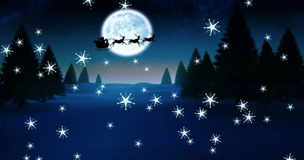 Image Silhouette Santa Claus Sleigh Being Pulled Reindeer Snow Falling — Stock Photo, Image