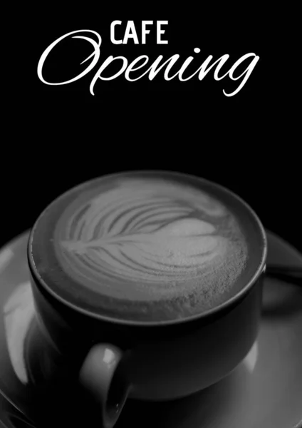 Cafe Opening Text Close Coffee Cup Black Background Coffee Shop — Stock Photo, Image