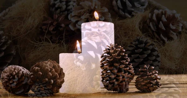 Image Lit Candles Christmas Decorations Pine Cones Background Christmas Seasons — Stock Photo, Image